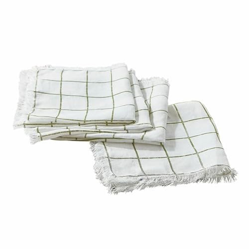 LOBERON Serviette 4er Set Klivento, Dekoratives Karomuster, Verspielte Fransen, Gemütliche Landhaus-Romantik, Tischwäsche, Küchentextilien, Leinen, weiß/grün