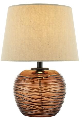 Modern Designer Amber Swirl Ribbed Glass Table Lamp with Oatmeal Beige Linen Fabric Shade | 1 x E14 7w Maximum | 31cm Height by Happy Homewares