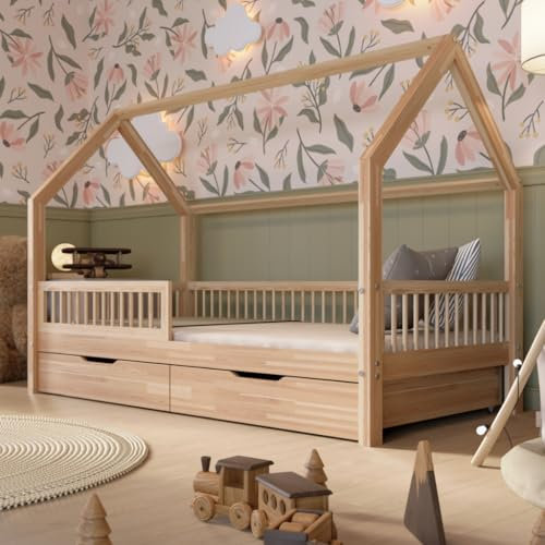 Crazy Pine Hausbett mit Schubladen 80x160 cm – Montessori Kinderbett aus Kiefernsperrholz mit Rausfallschutz – Sicheres Kinderbett für Jungen und Mädchen - Leichter Aufbau - Crazy Piona