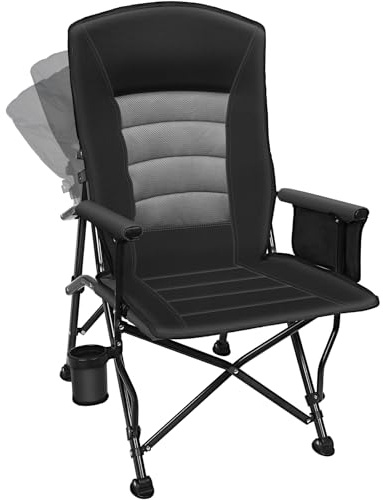 Oversized Padded Reclining Camping Chair with Adjustable Backrest, High Back Folding Chair with Lumbar Support, Heavy Duty 158kg Capacity, Cup Holder & Storage Pocket for Camping Fishing Garden Beach
