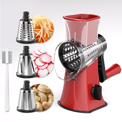 Rotary Cheese Grater, Vegetable Slicer with Three Drum Blades, Grater for Kitchen Faster and Easy Cutting, Rotary Drum Grater Ideal for Cheese, Cucumber, Carrot, Nuts, etc. (Red)