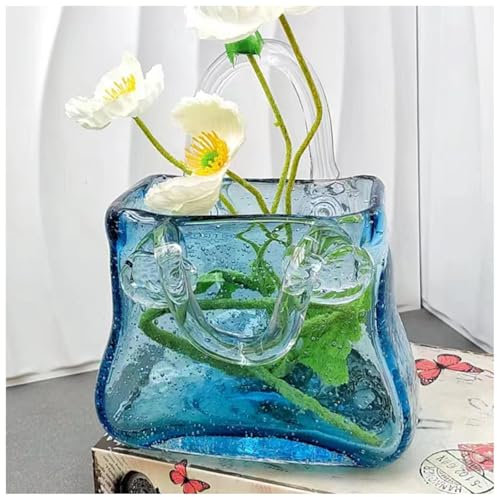 JarróN con Forma De Bolso, Jarrones De Cristal con Asa Florero con Forma De Bolso Jarron, Ideal para DecoracióN del Hogar, Boda,Style2-Blue
