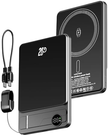 LUCKYDUO Power Bank Slim per Mag-Safe, 10000mAh PD 20W Uscita Wireless Magnetica Power Bank con Stand in Metallo Display LED Compatibile con iPhone16/15/14/13, Airpods e iWatch