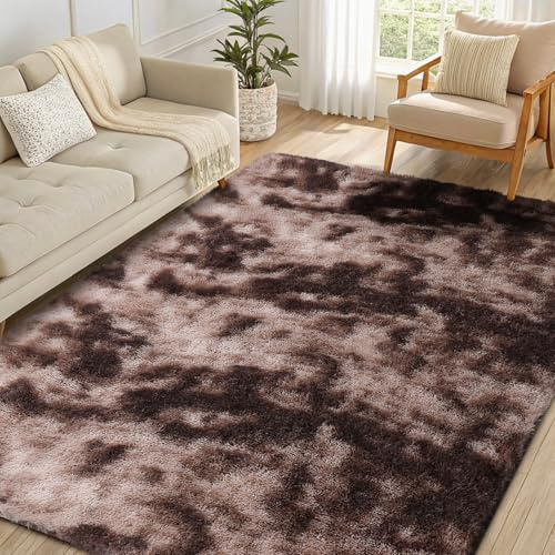 smiry Rugs Living Room 60x100cm, Area Rugs for Bedroom, Machine Washable Anti Slip Soft Fluffy Shaggy Tie-dye Floor Carpet for Kids Girls and Boys, Nursery Room, Coffee