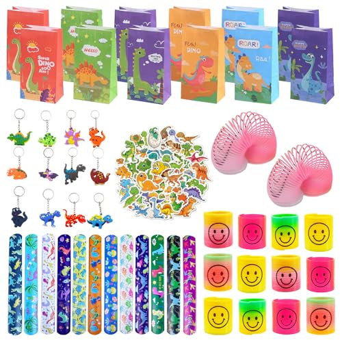Yhjxly 98 Stück Dino Mitgebsel Kindergeburtstag, Party Gastgeschenke Kinder, Dinosaurier Mitgebsel Gastgeschenke Give Aways Mit Schnapparmbänder Schlüsselanhänger Geschenktüten Aufkleber