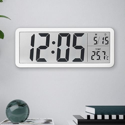 Jonuin Digitale Wanduhr Batteriebetrieben, 8'' LCD Display, Wanduhr Digitaluhr mit großen Ziffern, Temperatur, 12/24 Std, Digital Wall Clock, Digital Wanduhren für Wohnzimmer Schlafzimmer Büro, Weiß