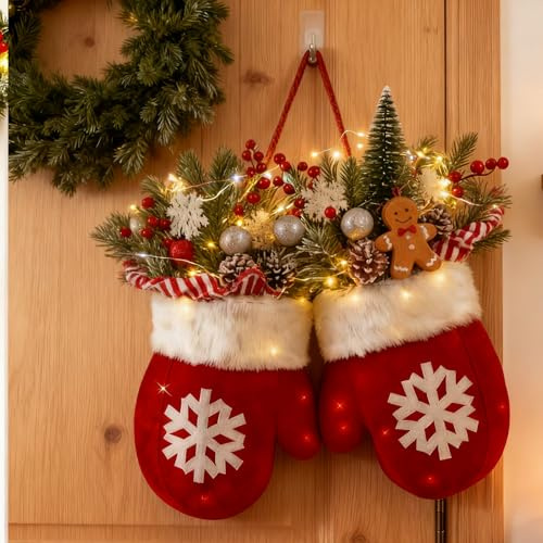 OKESYO Türkranz Weihnachten, Weihnachtstürkranz mit Beleuchtung, Weihnachtshandschuhe Türkranz, Weihnachtskranz Haustür für Wand, Fenster, Haustür, Treppengeländer