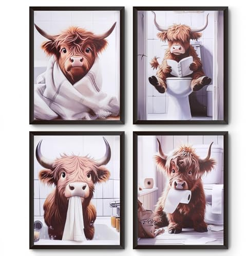 GZRXIOUS 4 PCS Highland Cow Wandbilder 25×20cm Lustige Badezimmer Bilder Hochlandrind Bild Set Ohne Rahmen Bilder Für Badezimmer & Flur Schottisches Hochlandrind Deko Angenehme Dekorative Gemälde Ohne