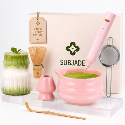 Subjade Kit Matcha – Matcha Kit Complet avec Bol Matcha 530ml Bec Verseur, Fouet Matcha Électrique & Chasen Bambou – Coffret Matcha Rose Premium, Set Matcha Débutant avec Accessoires Thé Matcha
