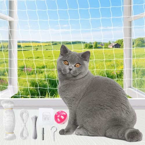 Katzennetz für Balkon ohne Bohren, LIEOLGOH 3x8m Transparentes Katzenschutznetz, Katzenschutz-Netz mit Befestigungsseil und Zubehör, Wetterfest & UV-beständig Geeignet für Fenster,Oberlichter,Terrasse