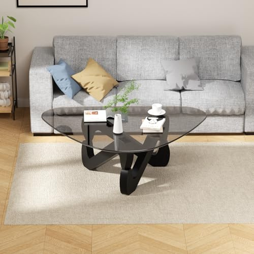 Table basse triangulaire en verre moderne avec base triangulaire en bois massif et verre trempé épais, table d'appoint, table basse originale pour salon, bureau, 82 x 57 x 35 cm (noir)