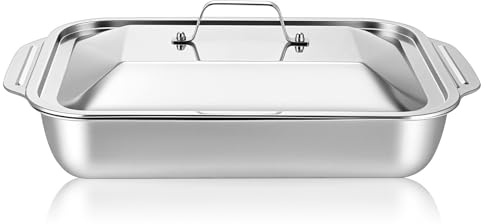 VINTORKY Edelstahl Bratform Rechteckig mit Deckel, Tiefe Backform | Roasting Pan, 1 Satz Silber, für Grillen und Ofen, Verhindert Verschütten, Bleibt Sauber