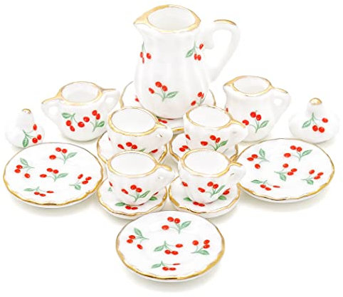 Odoria Miniature 1/12 Service a Thé en Porcelaine Accessoire Maison de Poupée, Cerise
