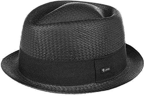 Lipodo Acapulco Pork Pie Strohhut Damen Herren Made in Italy 100% Papierstroh Garniturband Diamantkrone 9 cm Kopfhöhe Sonnenhut Frühjahr Sommer schwarz XL (60-61 cm)