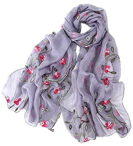 Pluto & Fox Foulard Femme Brodé de Fleurs Foulard en Soie Elégant Design Rétro Foulard Etole de Cou (Gris)