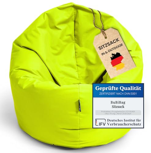 BuBiBag XXL Sitzsack, Riesensitzsack für Erwachsene - XXL Sitzsäcke, Sitzkissen oder Gaming Sitzsack, geliefert mit Füllung (145 cm Durchmesser, Lime)