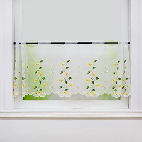 HeichkelL Voile Scheibengardine Landhausstil Transparente Kurzstores Bestickte Gardine Küche Hohlstickereien Kurzgardine Kaffeevorhang Gelb H×B 60×150 cm
