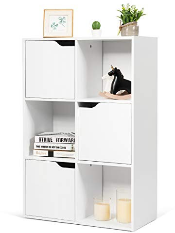COSTWAY Bibliothèque Étagère de Rangement 6 Cases, Armoire de Rangement avec 3 Cubes Ouverts 28 x 28 cm, 3 Compartiments avec Porte, Meuble de Rangement pour Salon, Bureau, Chambre, Blanc