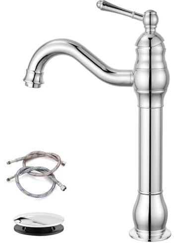 gotonovo Vessel Sink Faucet 360° Swivel Spout Single Handle Tall Bathroom Faucet 1 Hole Farmhouse Lavatory Washbasin Mixer Tap Matching Supply Hoses, with Pop Up Drain, Polish Chrome