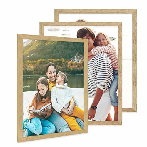 PHOTOLINI Cadre photo 40 x 50 cm bois chêne, cadre large bord, lot de 3 cadres photo, verre acrylique incassable, décoration murale à suspendre, accessoires supplémentaires