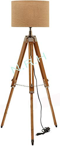Nautical Wooden Tripod Floor Lamp Natural Finish Adjustable Height Home Decor Tripod (Without Shade)