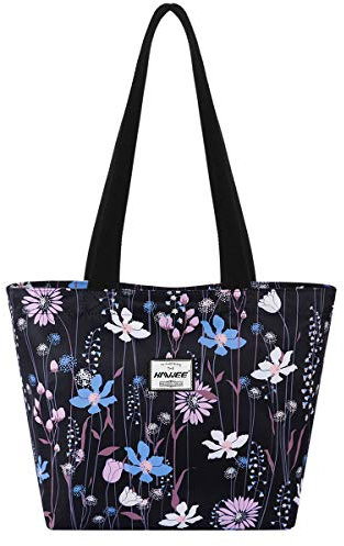 HAWEE Mode Femme Sac à Bandoulière avec Zip Grande Capacité Sac D'épaule Imperméable Léger Sac Fourre-Tout Loisir Sac à Provisions pour Vie Quotidienne Voyage Travail Ecole Plage, L, Fleurs Roses