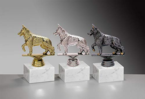 Henecka 🐕 Hundeport-Pokal, Hundesportverein-Trophäe, Schäferhund auf Marmorsockel, mit Wunschgravur, wählbar in 3 Farben (Gold)