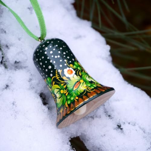 Holz Weihnachtsglocke Anhänger 6,5 х 5 cm Handgemacht und Handbemalt nach Ukrainischer Tradition der Floraler Petrykiwka-Malerei