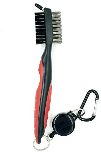 TT Sports Golfschläger Reinigungsbürste mit Aluminum Karabiner für Schlägerflächen, Rillen und Golfschuhe und Golftasche - Edelstahl Bürste - Groove Cleaner (Rot)