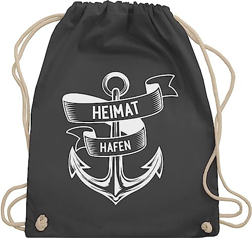 Turnbeutel Rucksack - Sprüche Statement - Heimathafen - Anker Ankerplatz - Unisize - Dunkelgrau - maritimer beutel mit aufschrift maritim stoffbeutel statements maritime baumwollbeutel sprüchen