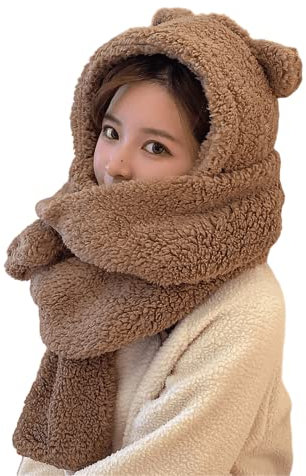 Damen Kawaii Bear Ear Beanie Mütze Schal 2 in 1 - Niedlich Winter Warm Sherpa Verdicken Fleece Fuzzy Japanische Flauschige Strickmütze Kappe, Kaffee, 7-7 1/8
