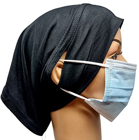Motorhaube Viskose Hijab mit Ohrloch Stretch Jersey Kopf Schlafmütze Unterschal Knochen Kopftuch Turban Dehnbare Beanie Krebs Haarabdeckung Schutz Patienten, Schwarz , One size