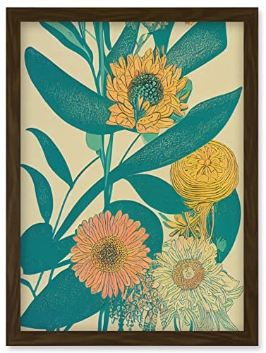 Wee Blue Coo Marigold Daisy Flowers Turquoise Leaves Bright Colourful Abstract Artwork Framed Wall Art Print A4
