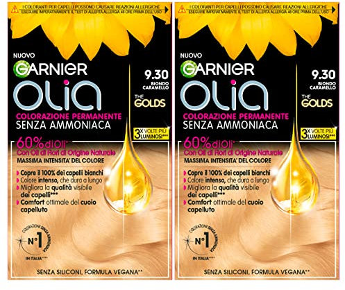 Garnier Olia Permanente Haarfarbe, ohne Ammoniak, Färbung mit Blütenölen natürlichen Ursprungs mit aufhellender und pflegender Wirkung, Farbe 9.30, Karamellblond, 2 Packungen