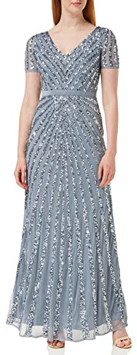 Maya Deluxe Womens Maxi Ladies Embellished Sequin Long Short Sleeve V Neck High Empire Waist Cut Shiny Prom Wedding Bridesmaid Dress, Dusty Blue, 10