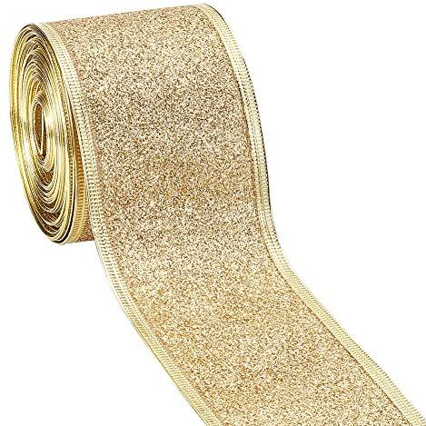 GORGECRAFT 10 Yards 50mm Wide Wired Edge Ribbon Golden Glitter Christmas Ribbon Sparking Shiny Metallic Gorgeous Fabric Roll for Gifts Wrapping Birthday Wreaths Xmas Tree Bows Wedding Party Decoration