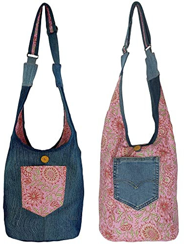 Sunsa Damen nachhaltige Hobo Tasche. Umhängetasche aus recycelte Jeans & Baumwolle. Boho Blumig Crossbody Bag Jeanstasche beidseitig verwendbar. (blau pink)