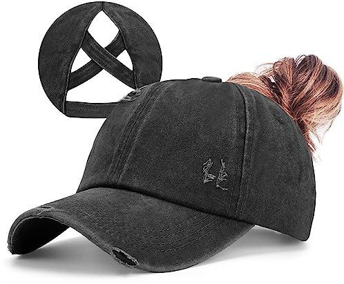 ZTL Baseballkappe für Damen, hoher Pferdeschwanz, Laufmütze, schnelltrocknend, Netzstoff, Sportkappe, unstrukturiert, Dad Trucker Hüte, Washed Distressed - Schwarz, Einheitsgröße