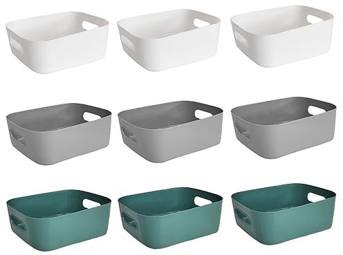 9 Stück Aufbewahrungsbox 20.5×14×7cm Kunststoff Aufbewahrungskorb mit Griffen Badezimmer Küchenschrank Organizer Box für Küche,Büro,Schrank,Bad,Spielzeug