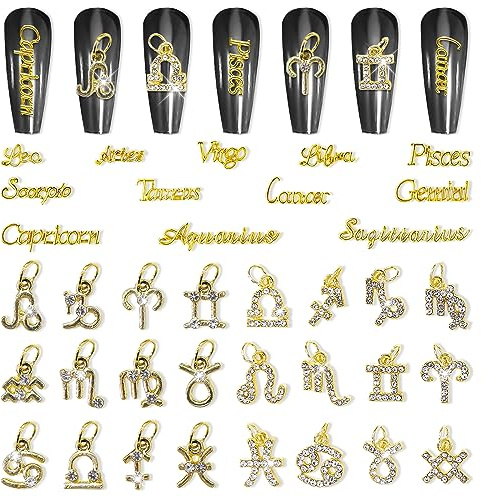 JERCLITY 36 Pieces Gold Alloy Zodiac Nail Charms 24pcs Zodiac Signs Nail Studs 12pcs Constellation Words Charms for Nails Twelve Constellation Pendant Jewelry Nail Charms for Women Girls Nail Art