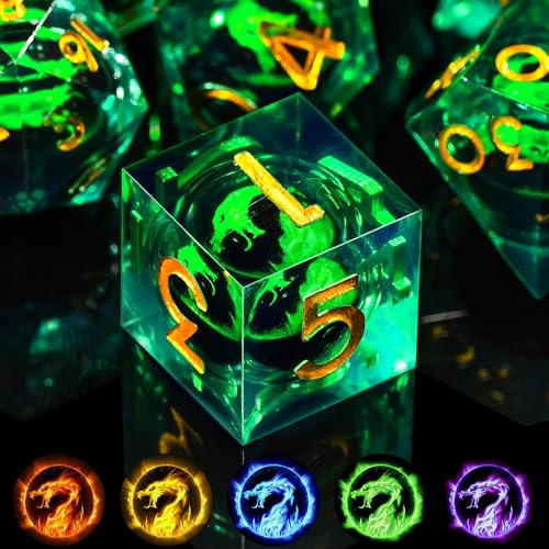 SIQUK 7 Stück DND Würfel Set Würfel Spielwürfel Liquid Core Würfel Polyedrische Würfel Set mit Geschenkbox für Dungeons and Dragons RPG MTG (Grün Flamme Drache)