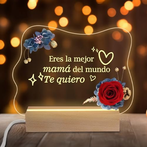 Miofula Regalos para Madre Cumpleaños, Rosa Eterna Regalos para Mamá, Luz Nocturna Acrílica Grabada Regalo Mama Cumpleaños, Regalo Dia de la Madre, Ideas Regalos Navidad para Madre de la Hija Hijo
