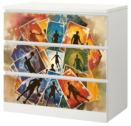 Sunnywall® Möbelfolie passend für IKEA Malm Kommode Schrankfolie Aufkleber mit Basketball Spieler Karten Motiv | blasenfrei verkleben | Jugendzimmer 3er 80 cm