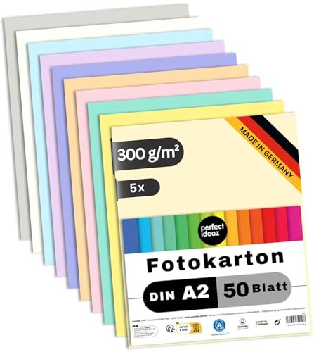 perfect ideaz - 250 Blatt Fotokarton DIN-A2, 10 Farben, stabiler recycling Karton 300 g/m², Made in Germany, Blauer Engel zertifiziert