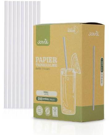 Sovie Lot de 250 pailles en papier blanc, sans plastique, certifiées FSC, fabriquées en Europe, biodégradables, diamètre : 6 mm, longueur : 20 cm