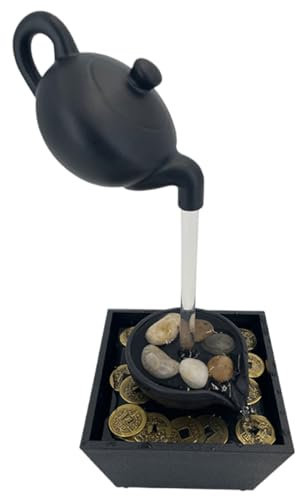 Pesoncarl Fuente de tetera flotante USB de 11 pulgadas y fuentes de agua alimentadas por batería interior con luz LED y decoración de guijarros adornos de la fuente de mesa, fuentes de mesa