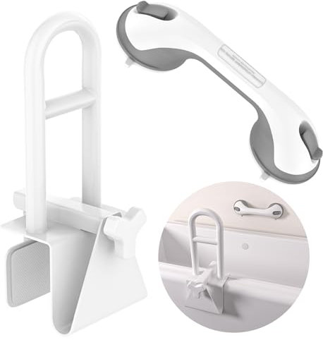 Adjustable Bathtub Safety Rail with Showers Suction Handle,YuanDe 16.5x6 Inch Stainless Steel Tub Handle Grab Bar, Heavy Duty Bath Handles Clamp for Elderly Seniors Injury Disabled (300 LBS), White