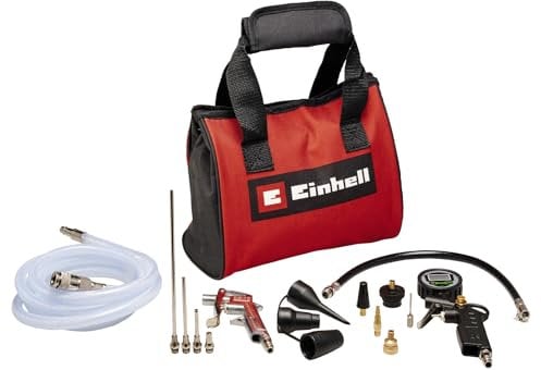 Einhell - Set di 15 pezzi per aria compressa con borsa (accessori per compressore, 1 pistola di scarico, 1 riempitore digitale per pneumatici, tubo in tessuto da 2,5 m, 8 adattatori, 1 borsa)