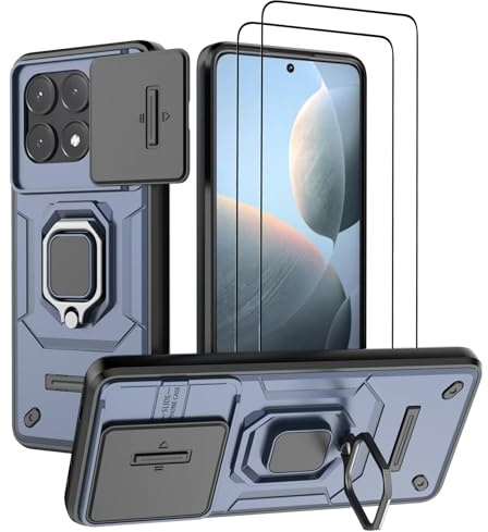 DERHAN Funda para Poco X6 Pro 5G, Carcasa con Cristal Templado [2 Piezas] + Cubierta de Lente [Protección de Cámara], Bumper Funda Resistente a Arañazos con Soporte - Azul