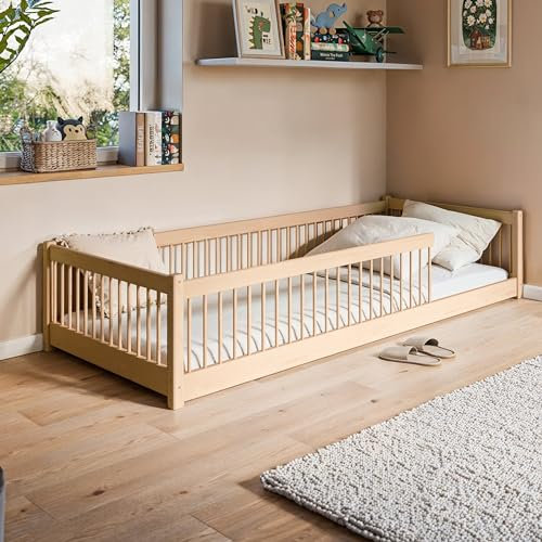Kinderbett Bodenbett 90x200 cm Bett mit Rausfallschutz & Lattenrost Montessori Bett Bed Gitterbett Kinder Jugendbett Einzelbett optional mit Matratze | Natur Design Kiefer Holz massiv Junge Mädchen